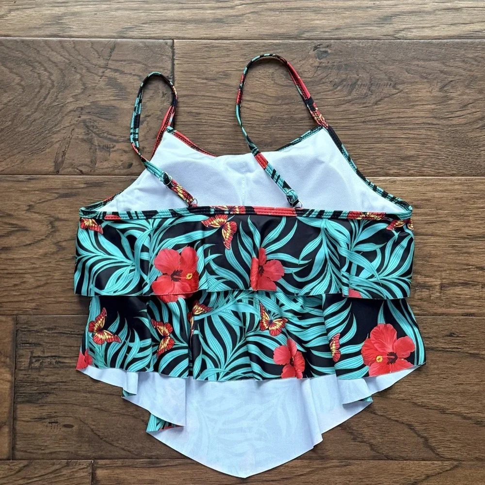 Tankini Top Tropical Hibiscus Butterfly‎ Tiered Poolside Size Teen 13-14Y